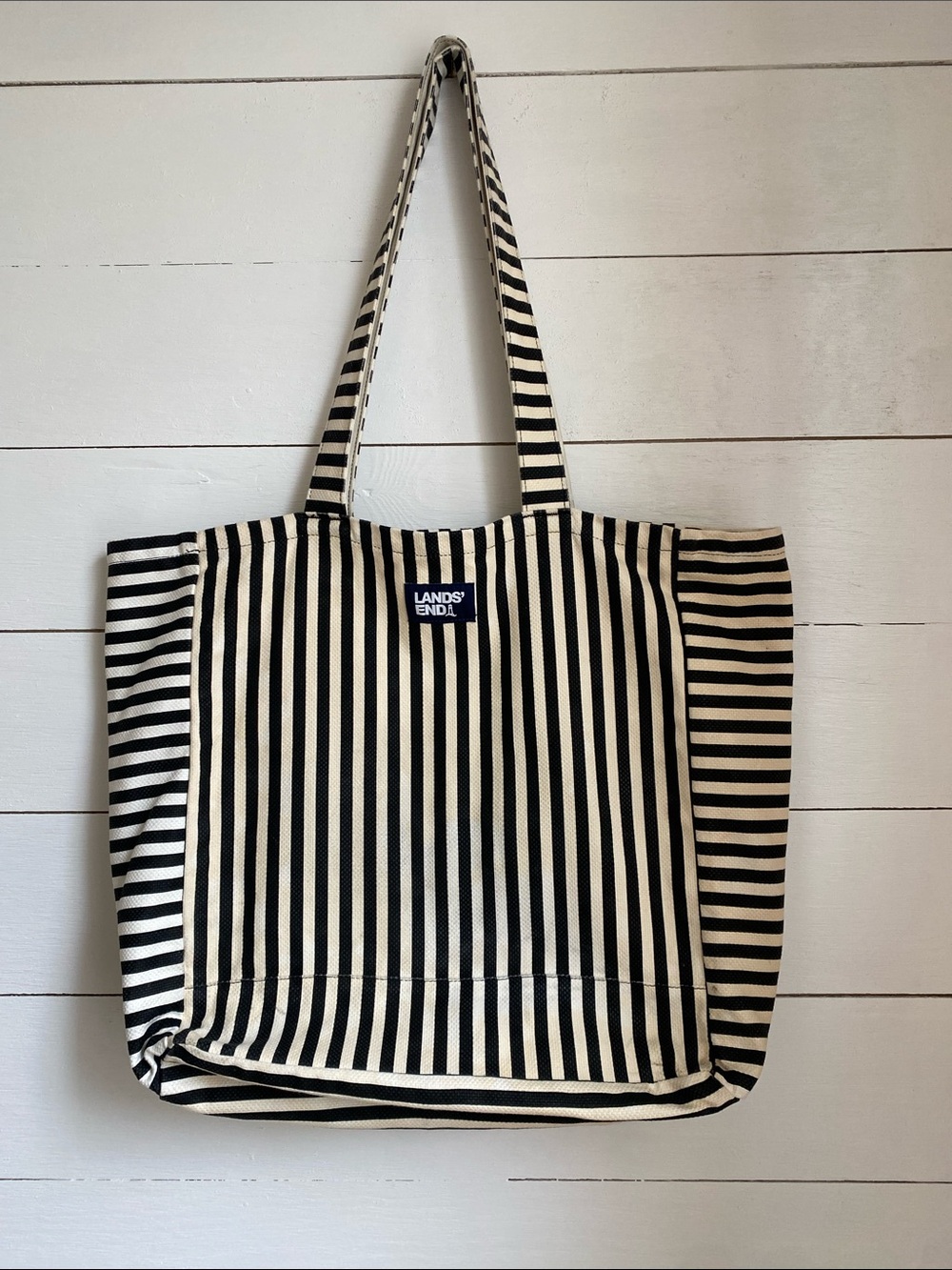 Lands' End Black and White Striped Canvas Tote